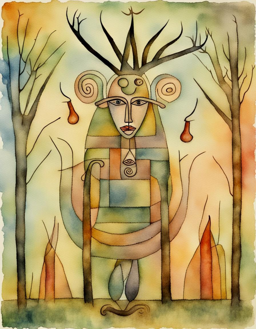 Cernunnos at Imbolc in Paul Klee Watercolor Style