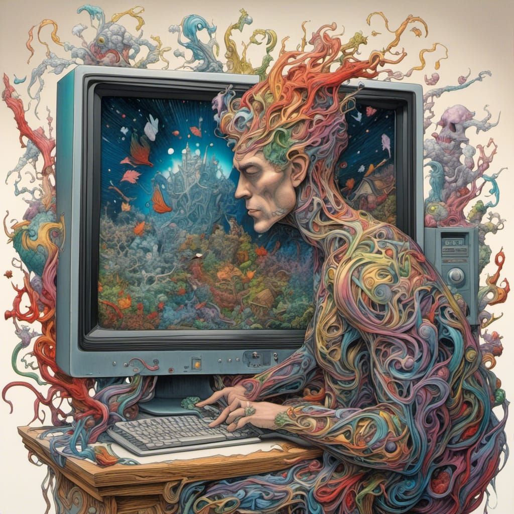 Man Emerges from Monitor: Colored Pencil Sketch