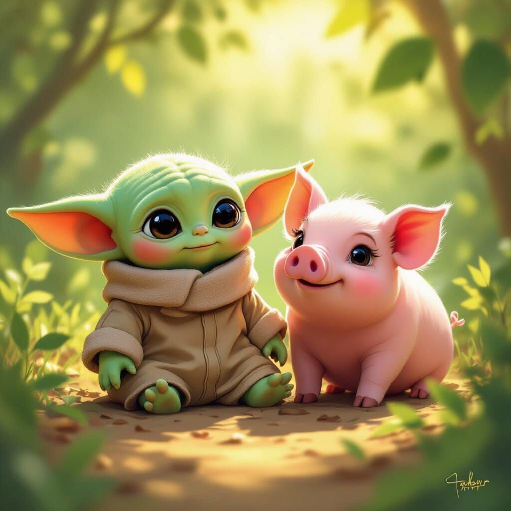 Baby Yoda and Chubby Pig in Whimsical Digital Art