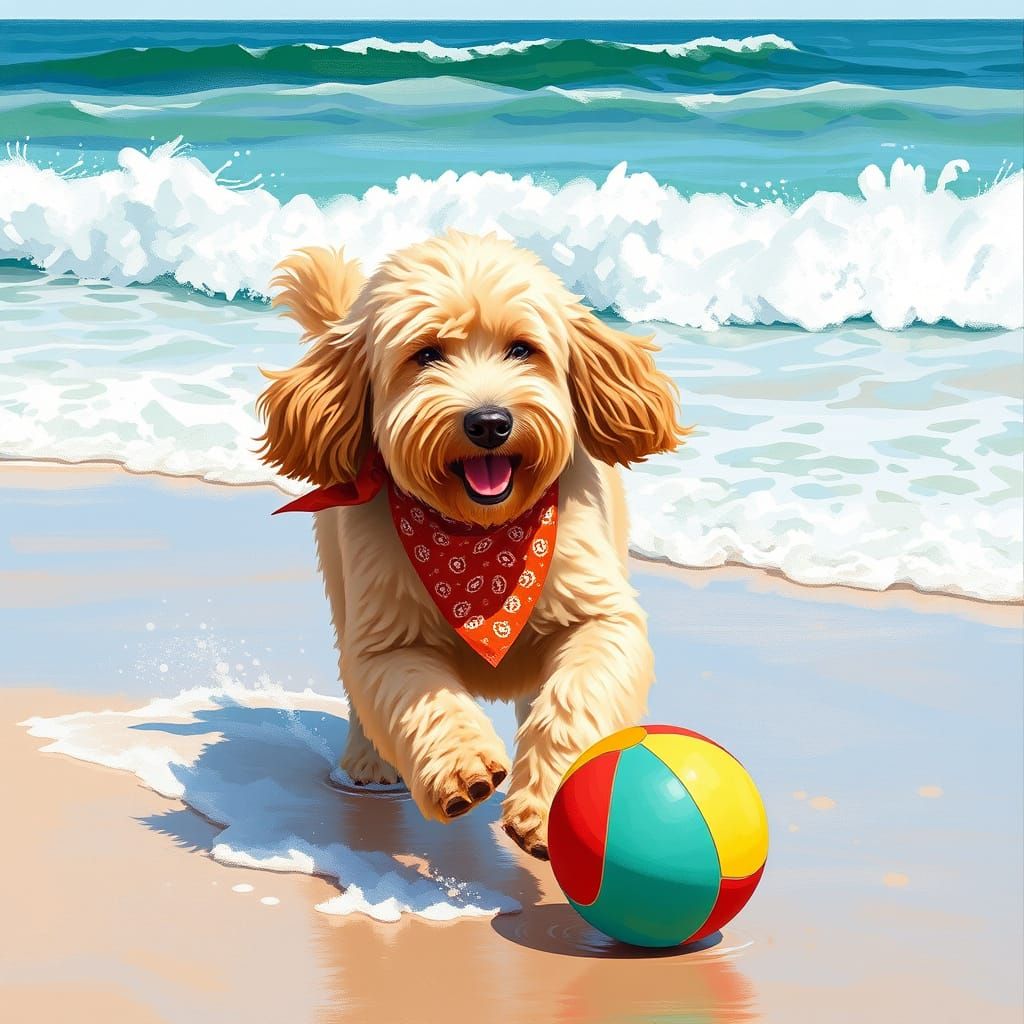 Playful Goldendoodle at the Beach in Digital Art Style