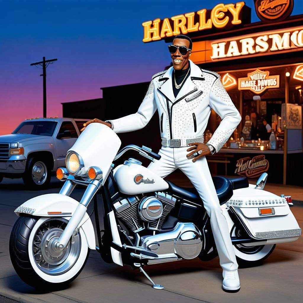 Claymation caricature cartoon masterpiece of one young ARSENIO HALL, AGE 30, WEARING GLITTERING WHITE leather biker outf...