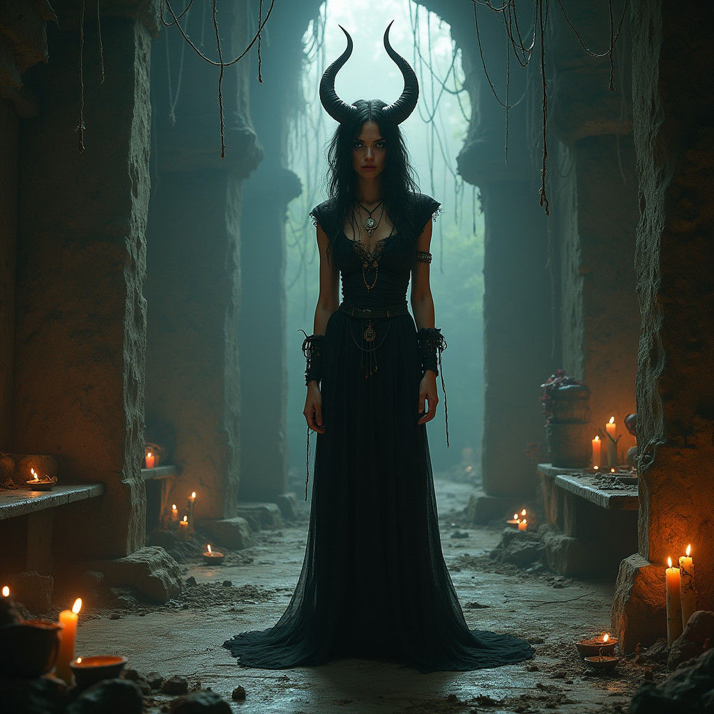 Mystical Woman in Voodoo Temple: Gothic Illustration