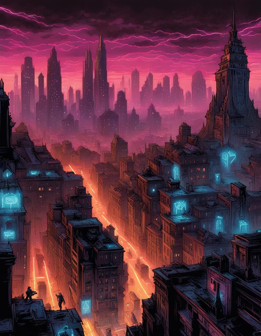 Aetherpunk Cityscape with Rune Lights and Magic