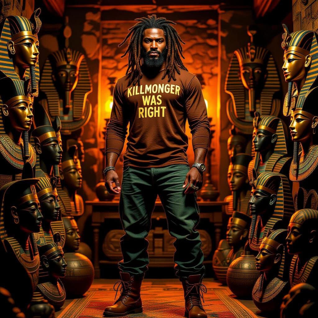 Man in Killmonger Shirt Amidst African Masks