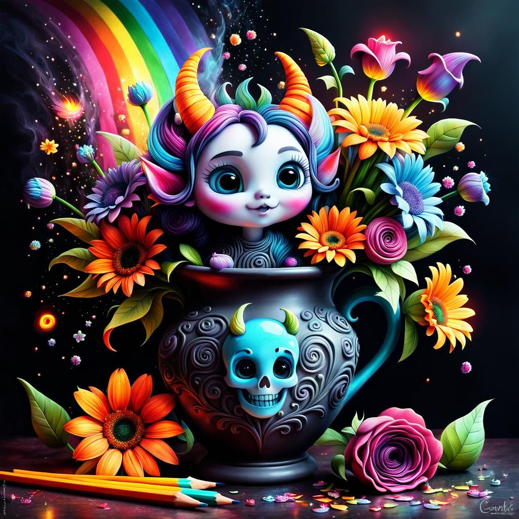 Whimsical Demon and Broken Vase: 3D Dark Fantasy Art