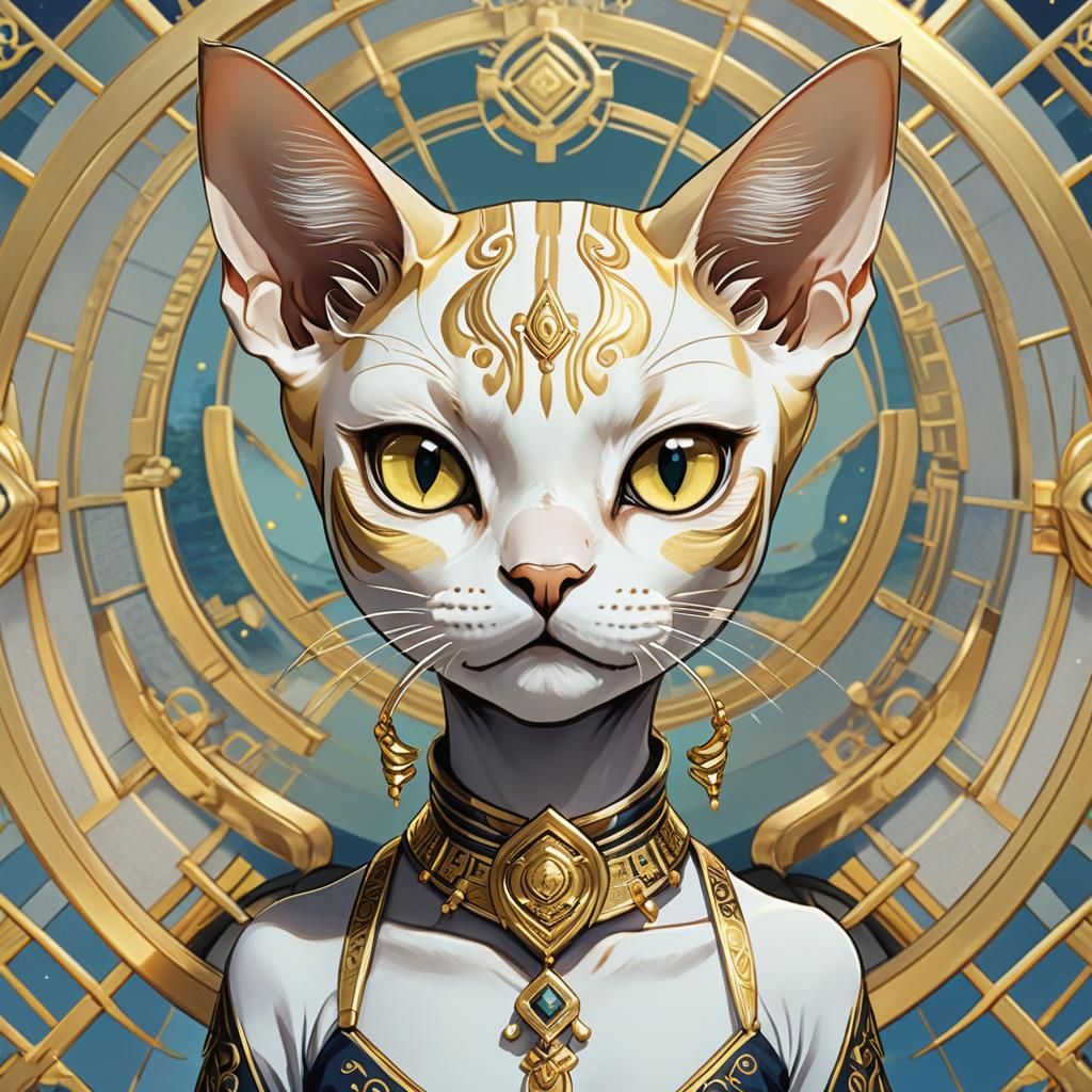 Elegant Anime Portrait of a Golden Sphynx Cat
