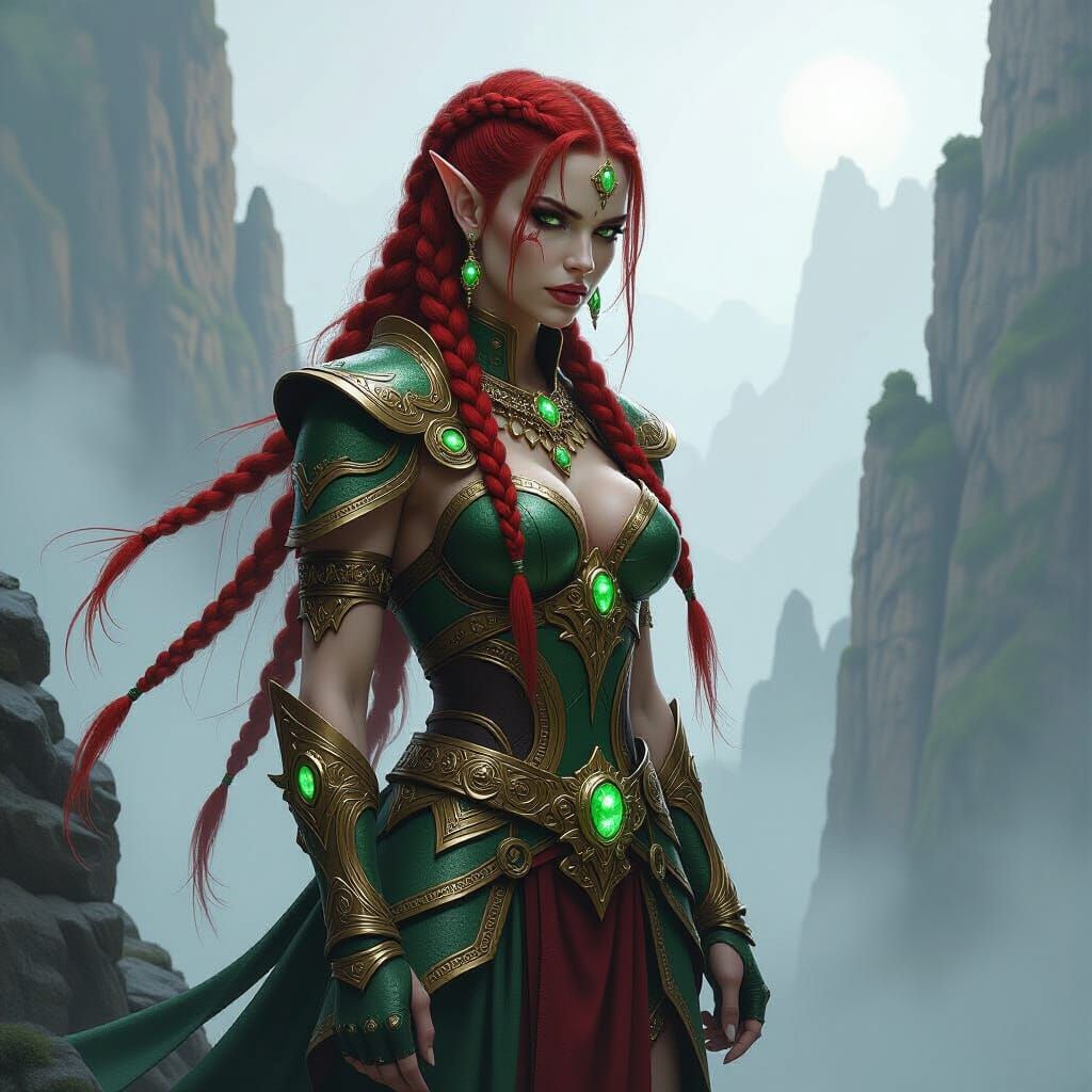 Elven Warrior Queen on Mist-Shrouded Precipice