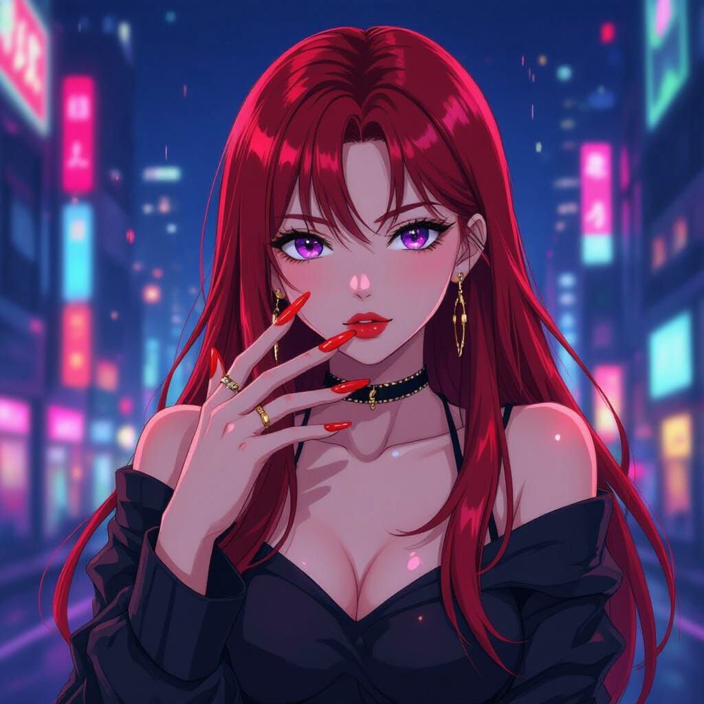 Anime Girl with Crimson Nails in Neon City
