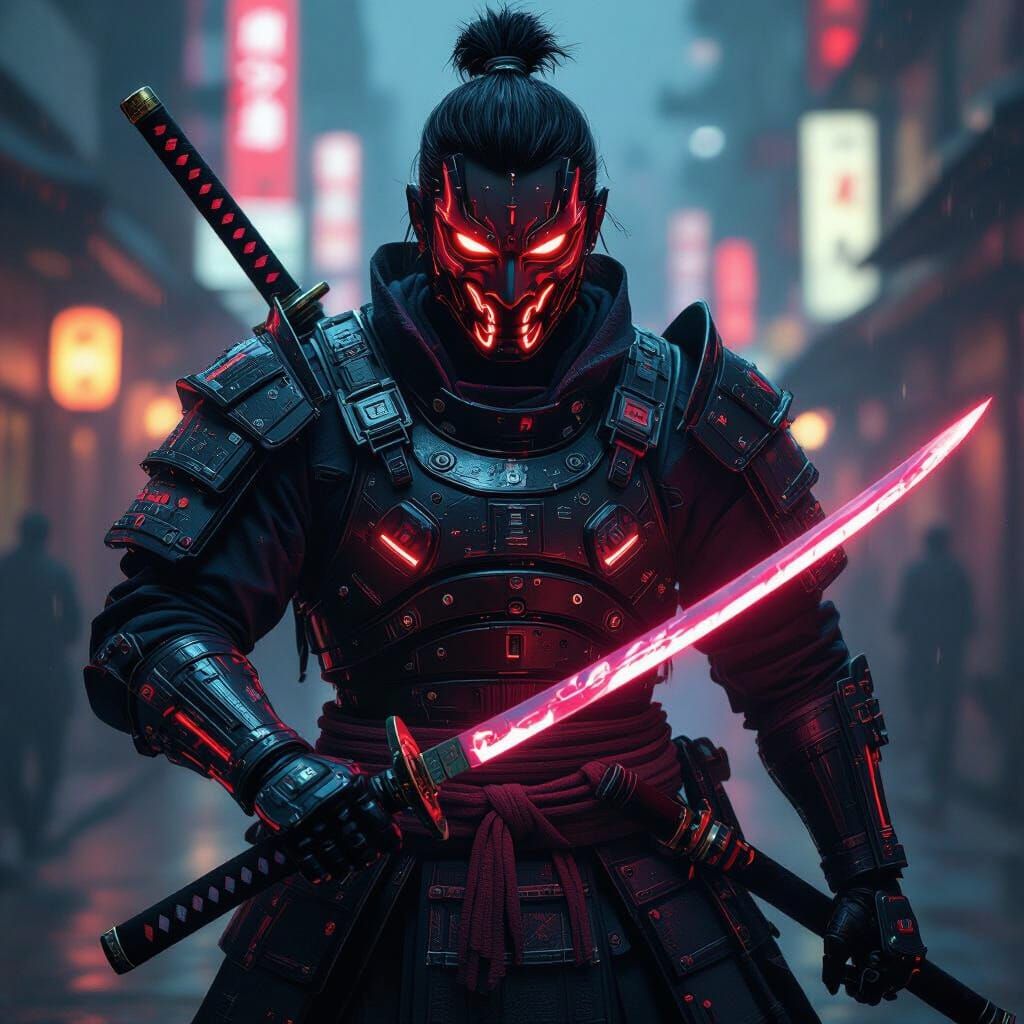 Cyberpunk Samurai with Glowing Oni Mask and Katanas