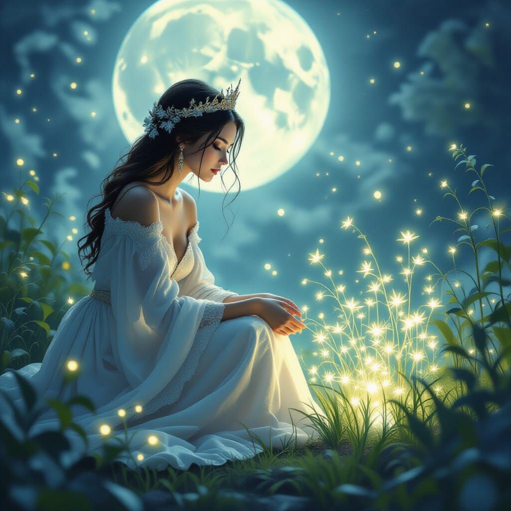 Queen's Peaceful Rebirth Tending Bioluminescent Garden