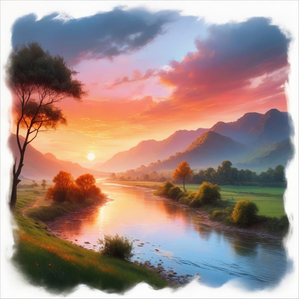 Golden Sunset Landscape in Impressionist Style