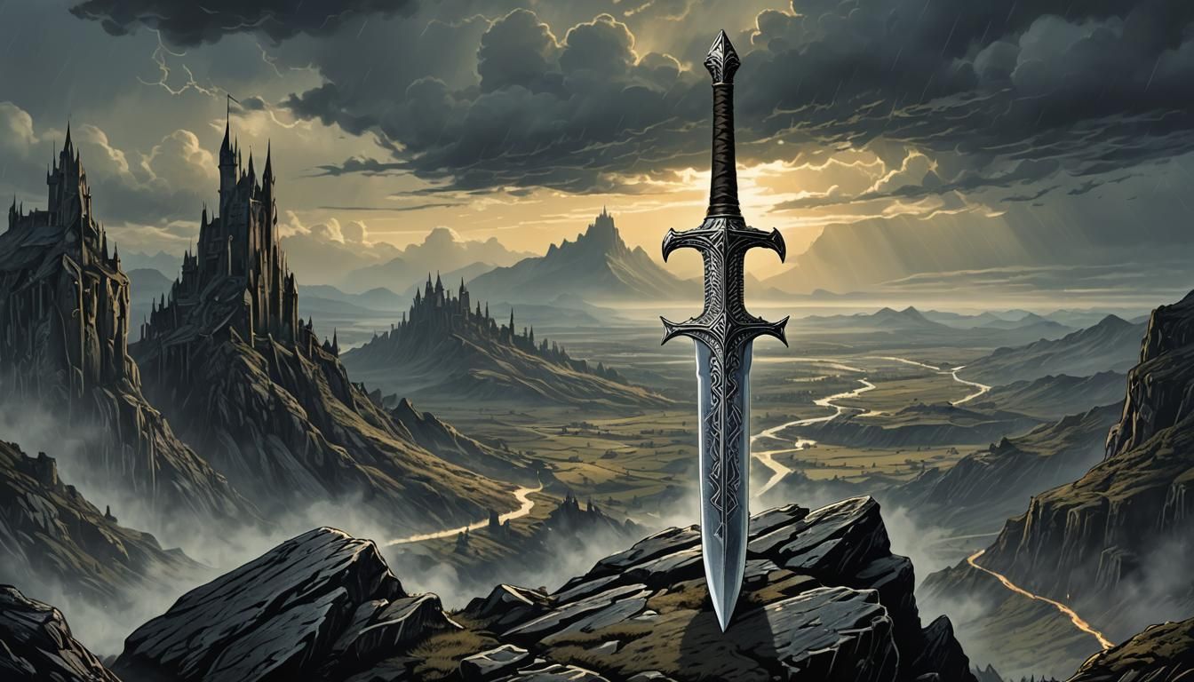 Cursed Medieval Sword on Desolate Plain, Digital Illustratio...