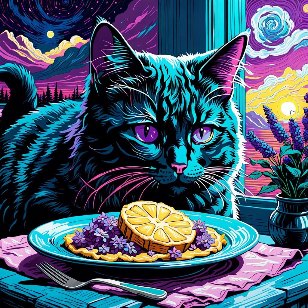 Dreaming Cat Yearns for Love: Impasto Blacklight Art