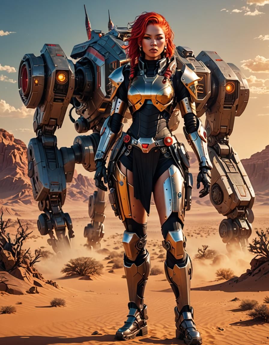 Female Mecha-Pilot Concept Art in Desert Setting