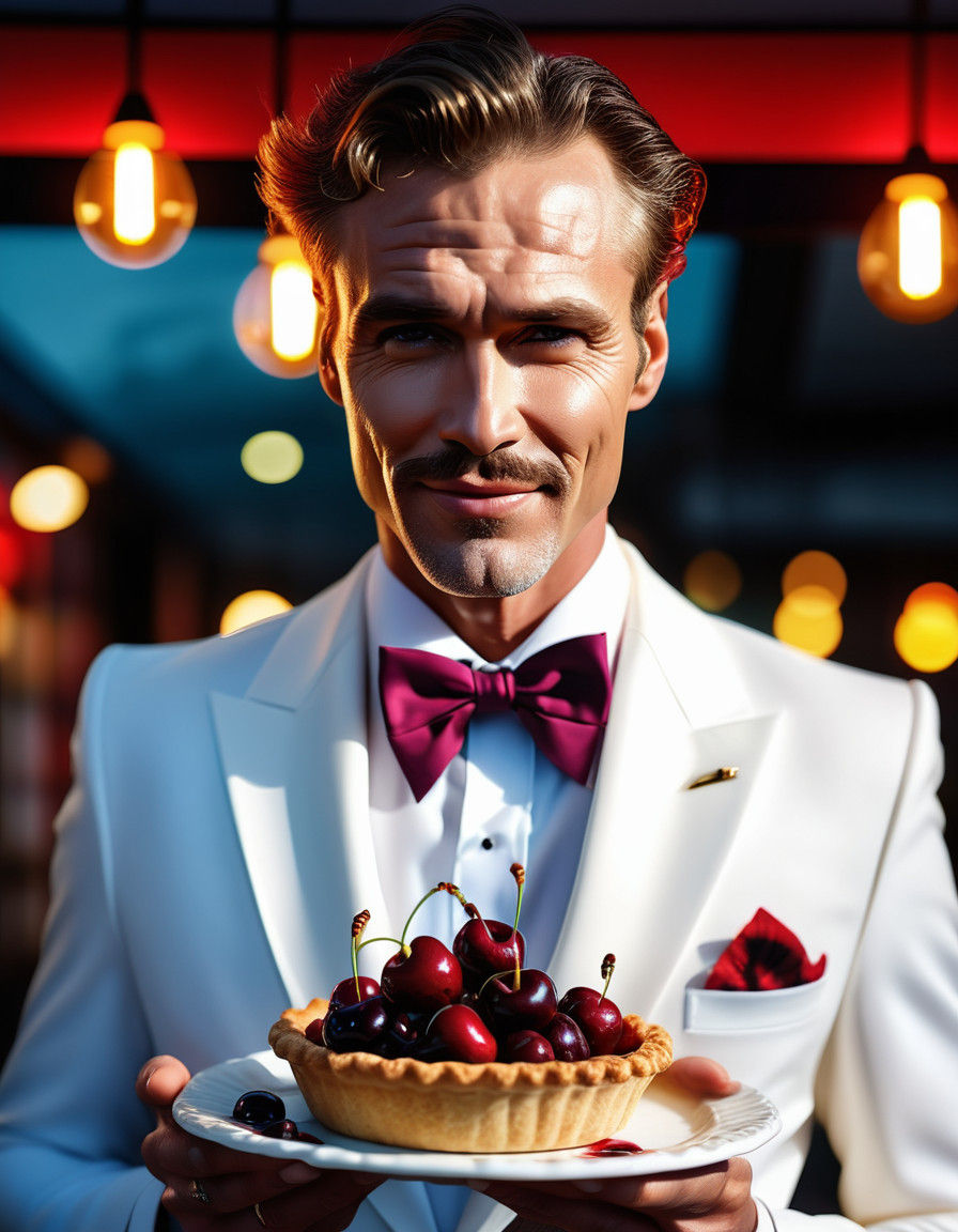 Sultry Gentleman in Dreamlike Setting with Cherry Pie