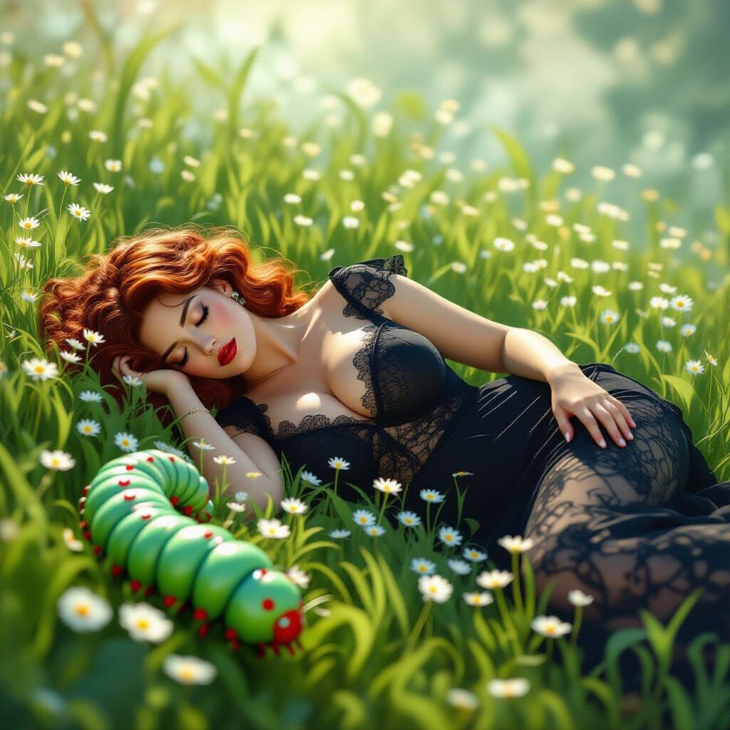 Woman Sleeping in Meadow with Caterpillar, Dreamy Art