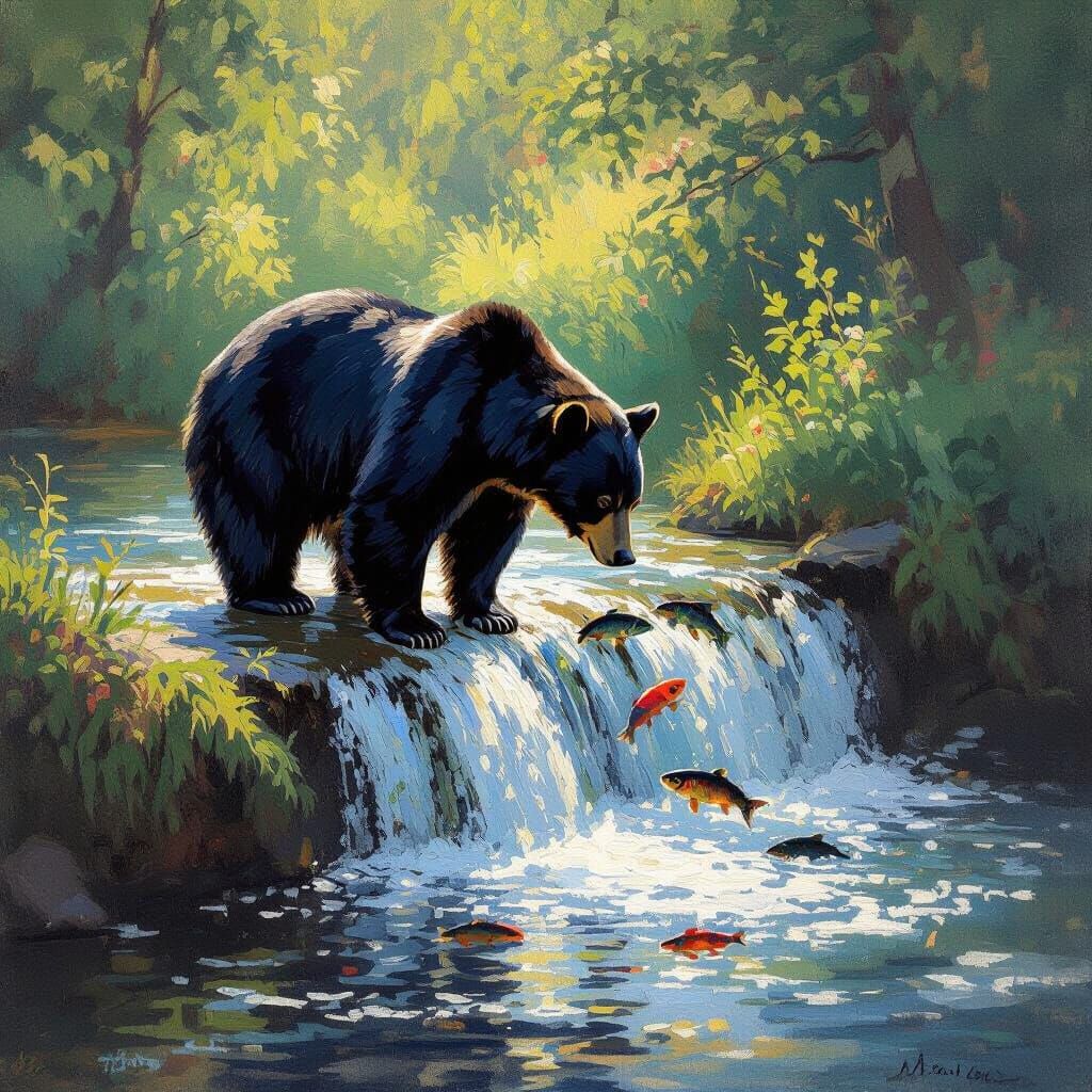 Black Bear Fishing at Waterfall in Monet Style