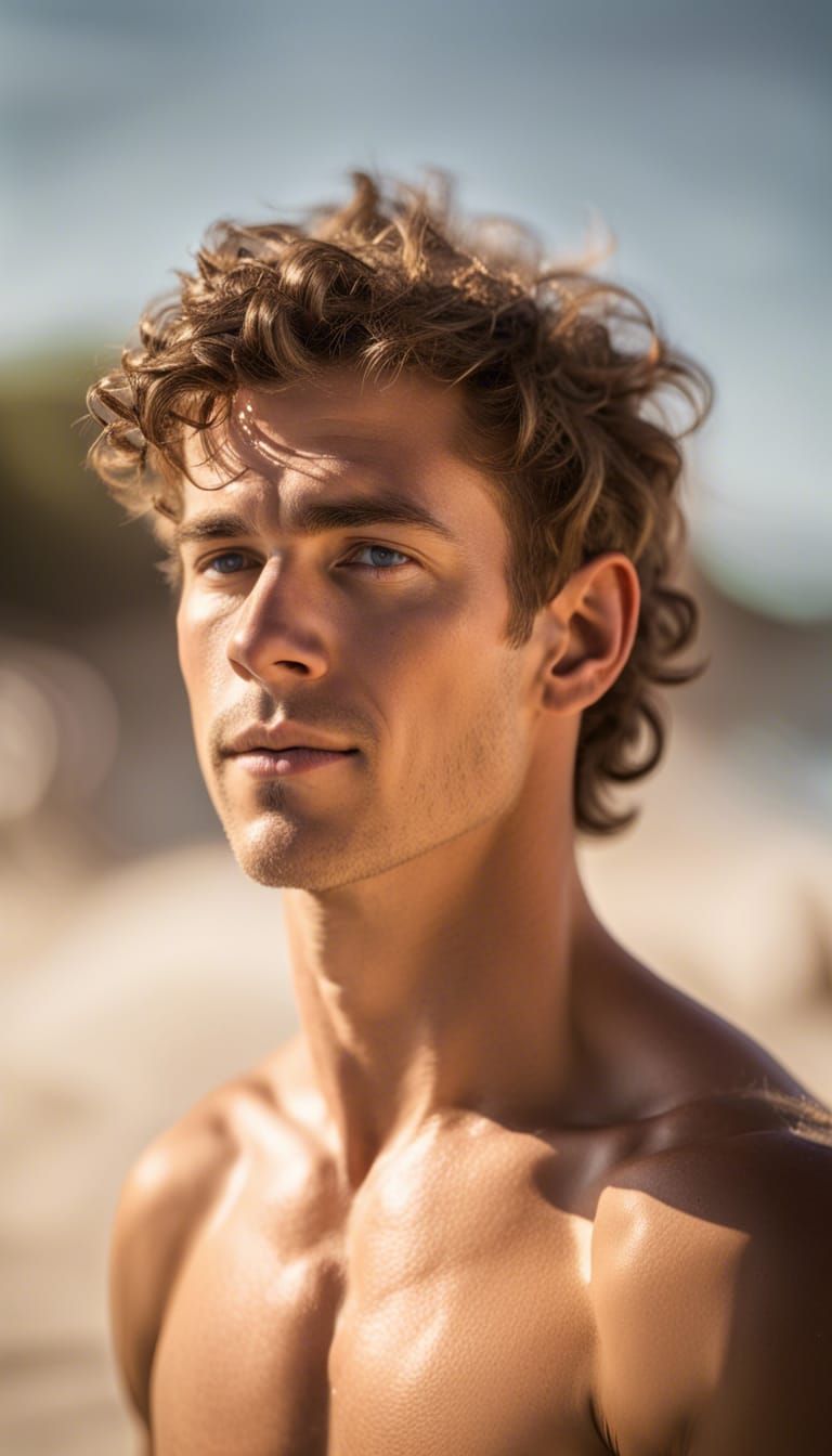 Young Man on Beach with Dreamlike Lighting
