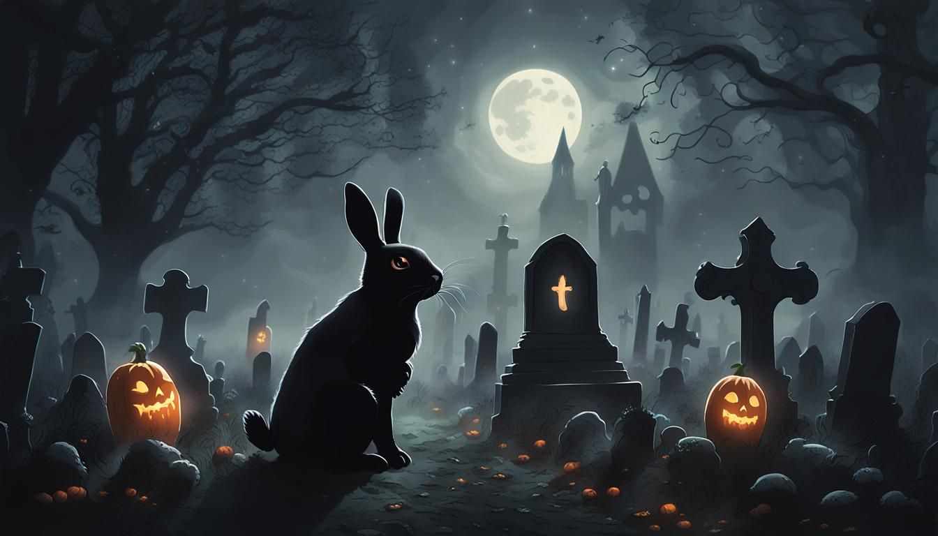 Gothic Bunny in Graveyard Munching Ghost Carrot