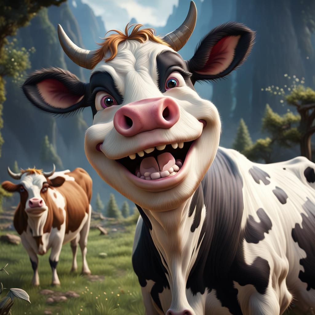 Smiling Cartoon Cow in Detailed Matte Painting