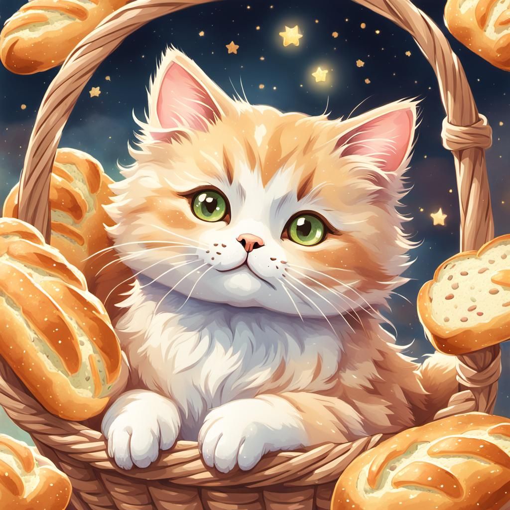 Cute Cat in Bread Basket Watercolor Illustration