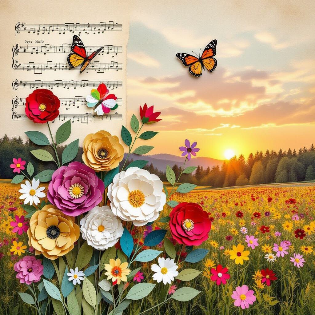 Collage of Paper Flowers on Vintage Sheet Music