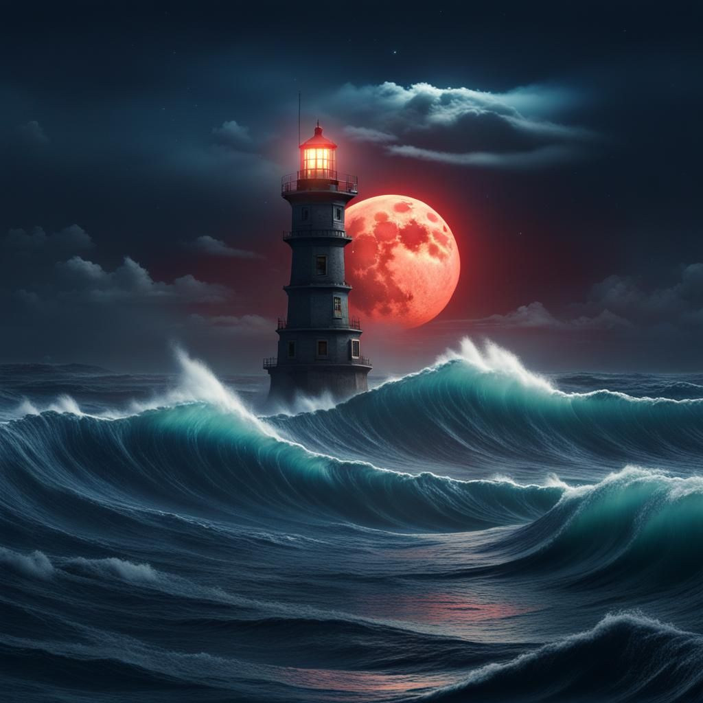 Ship Surfing Near Dark Lighthouse: Fantasy Concept Art