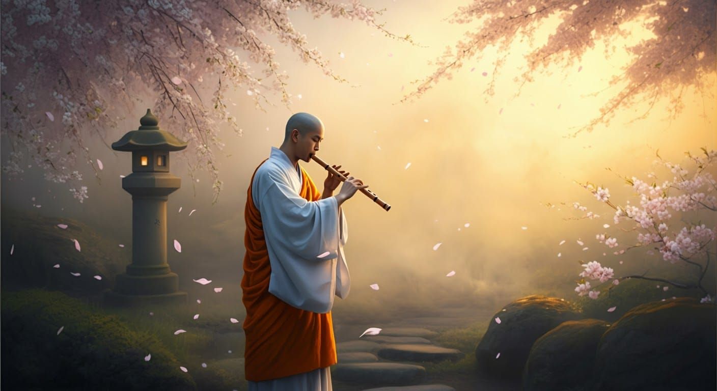 Monk in Zen Garden at Golden Hour