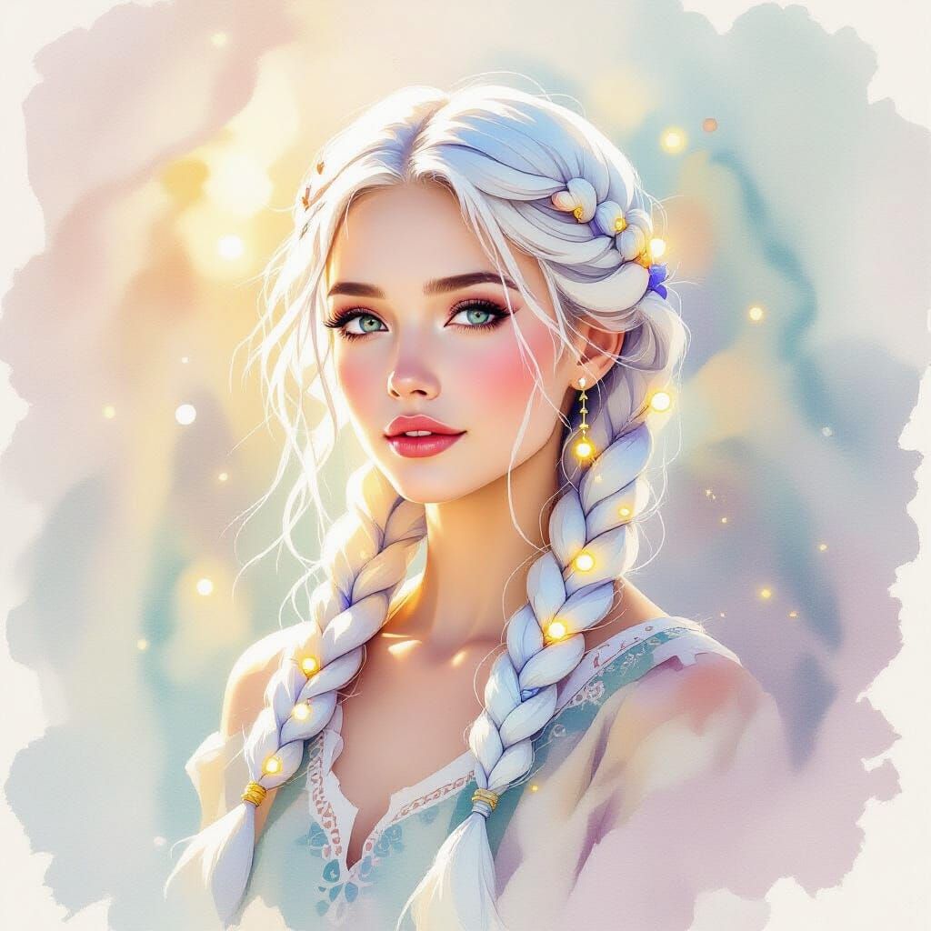 Luminous Braids: A Watercolor Fantasy Portrait