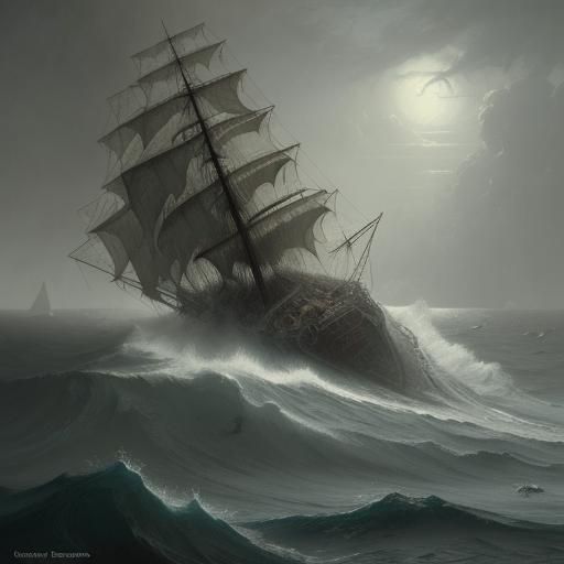 Foundering ship on rough seas.