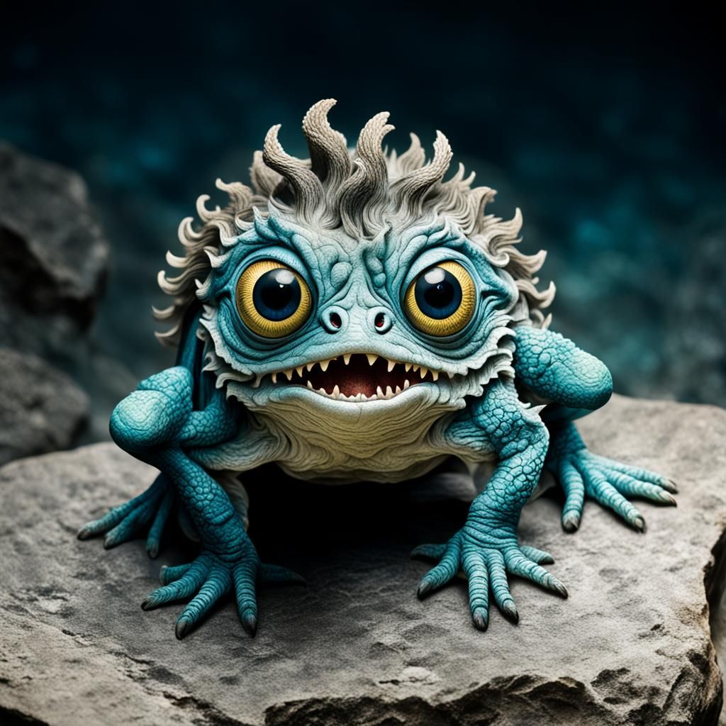 Strange Three-Eyed Animal on Stone Slab