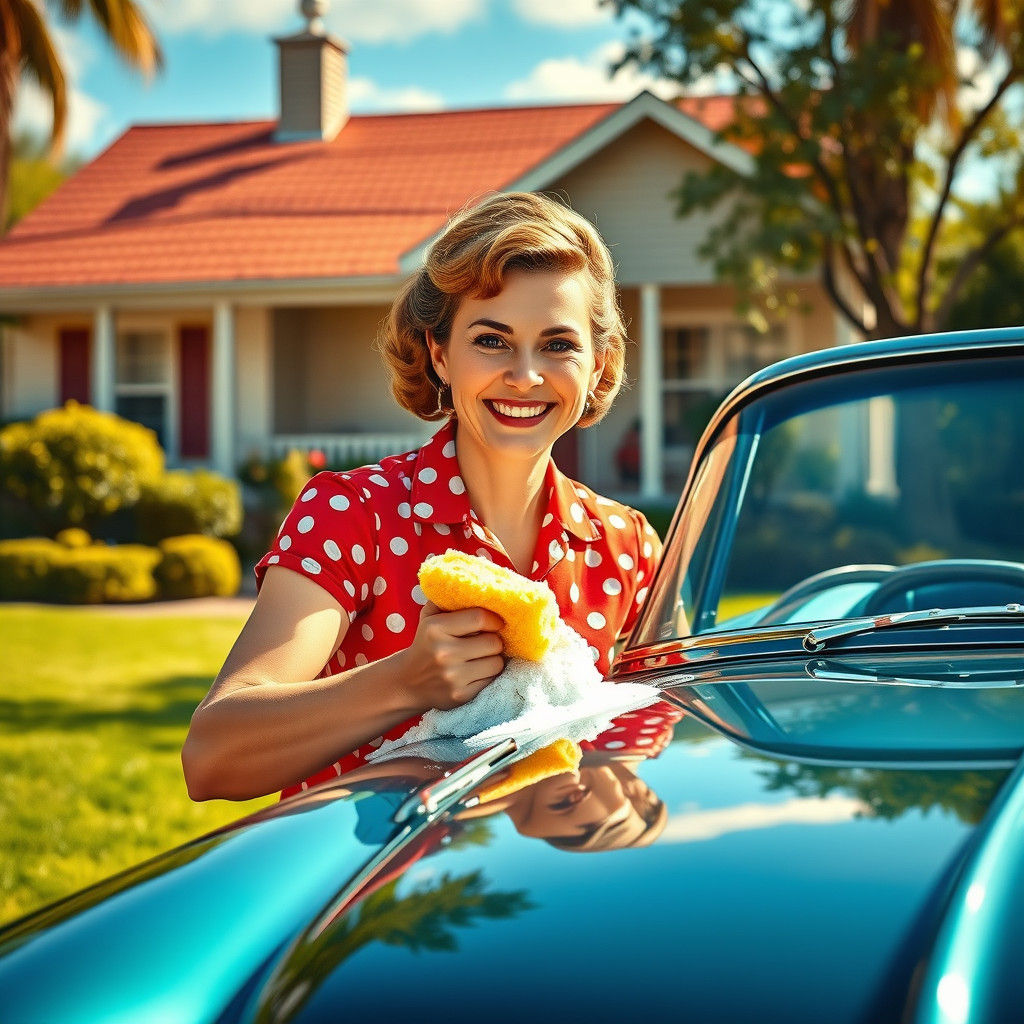 Happy 1950s Housewife Washing Car: Splash Art