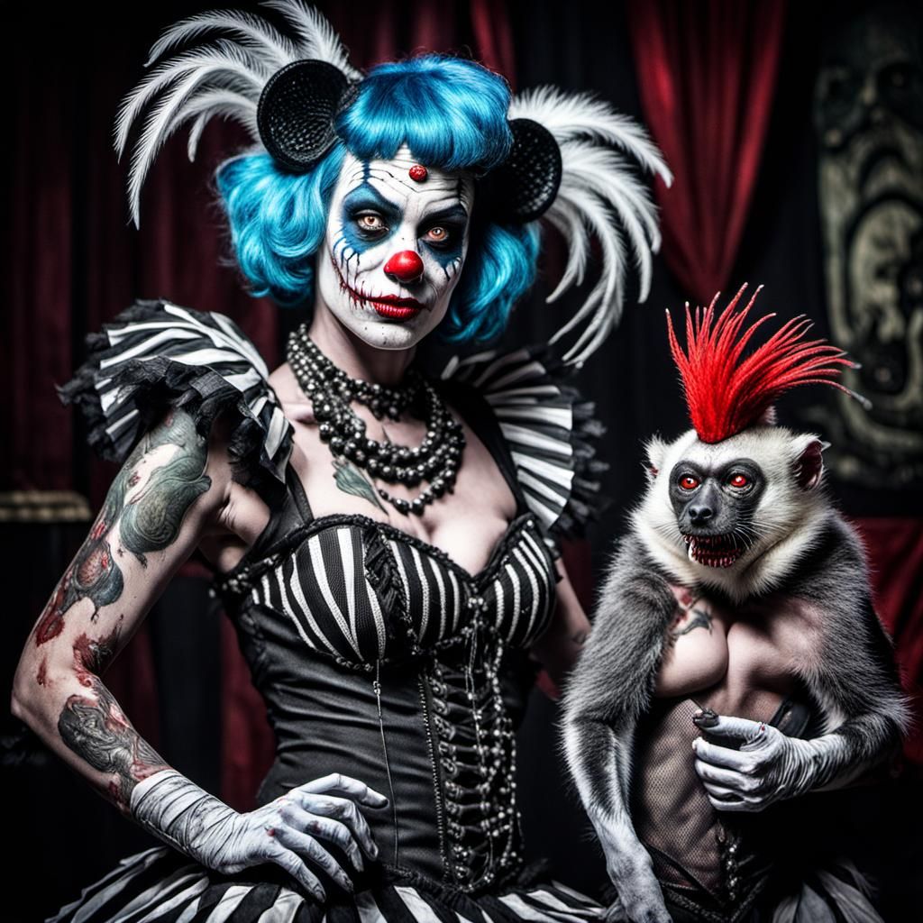Zombie Clown Burlesque Dancer with Pet Skunks