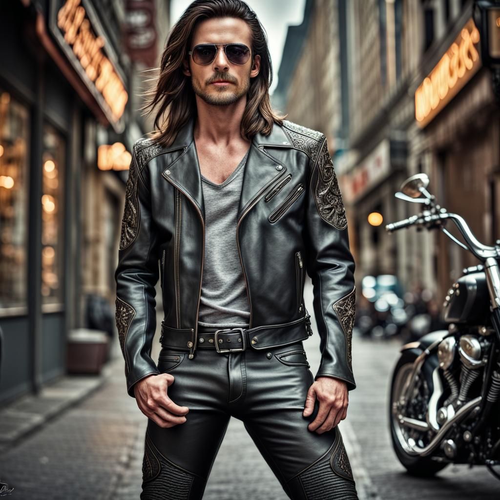 Biker in Leather Jacket: Hyperrealistic Detailed Portrait
