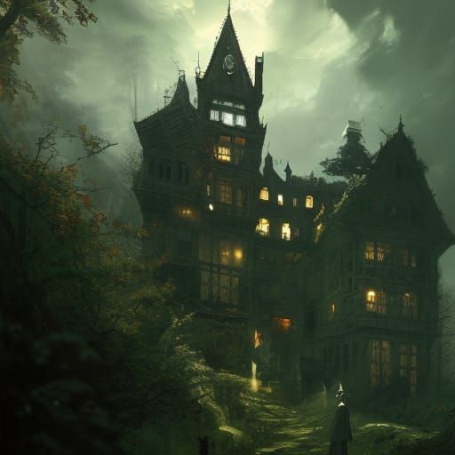 Eerie Victorian Castle on Hill in Art Nouveau Style