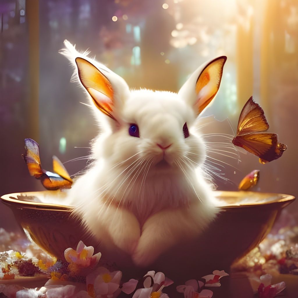 Chibi Rabbit Relaxing in Spa Bath, Detailed Portrait