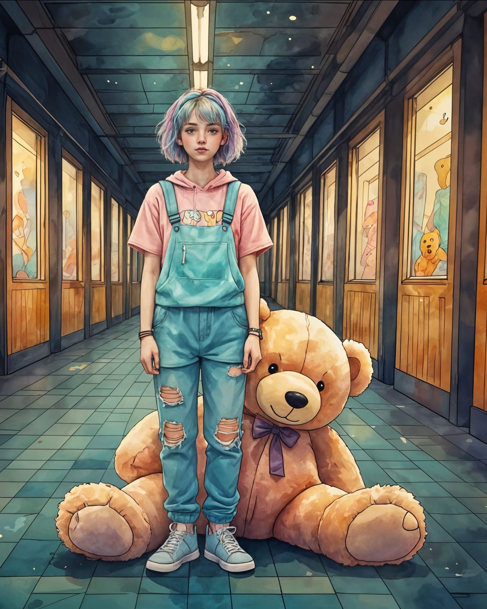 Kidcore Teenager with Teddy in Watercolor Subway