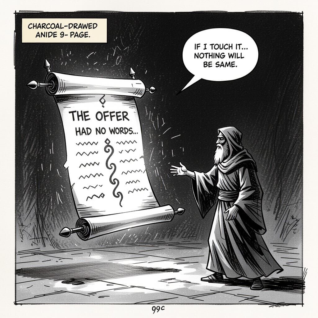 Prophet Reaches for Glowing Light Scroll in Comic Style