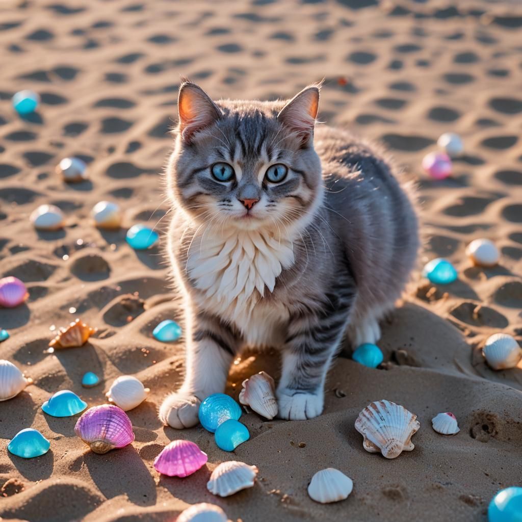 Neon Kitten on Beach in Synthwave Style