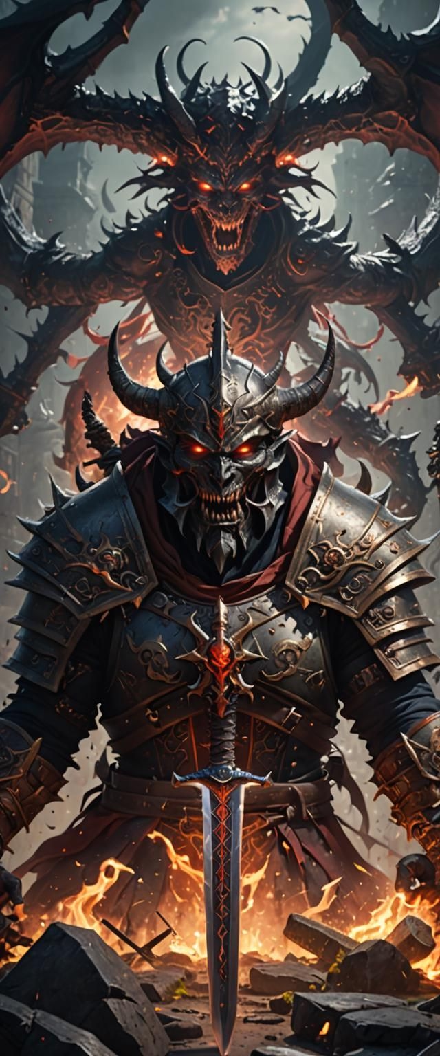 Warrior Fighting Shadow Demon in Detailed Matte Painting