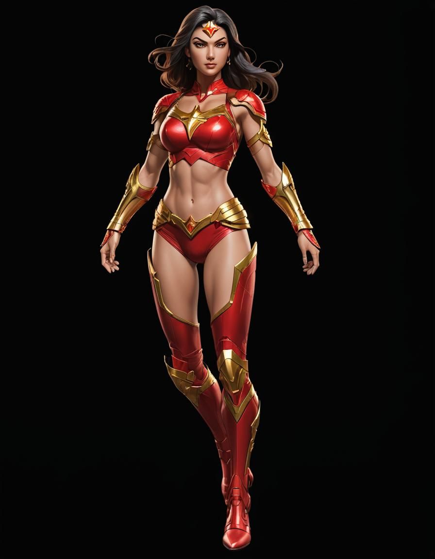 Photorealistic Darna in Biomechanical Scarlet and Gold Armor