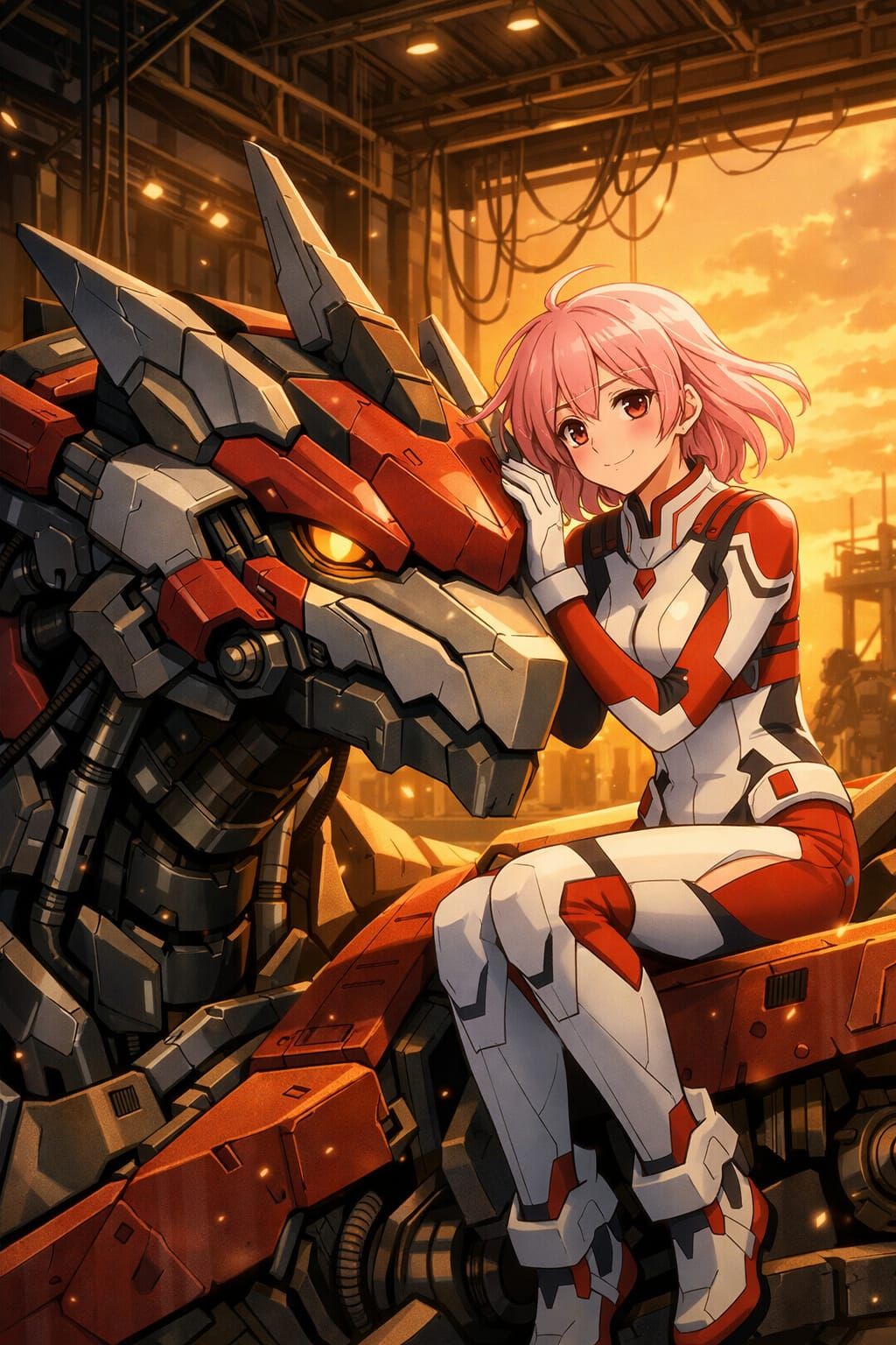 Anime Pilot Girl Rests on Dormant Mecha Dragon in Hangar