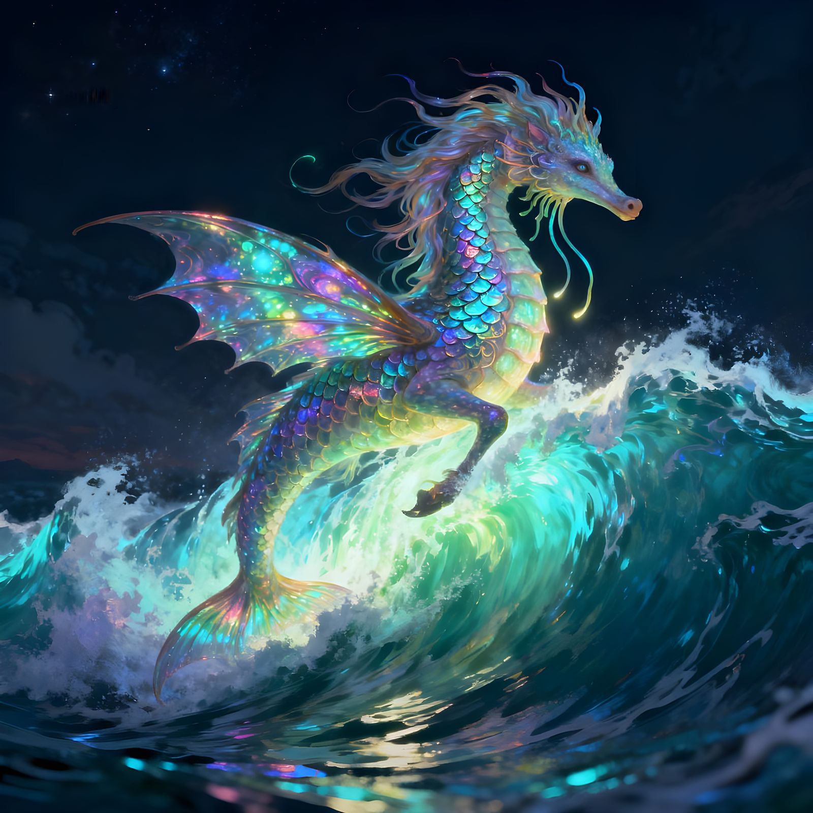 Mythical Hippocampus Surfing Bioluminescent Waves at Night