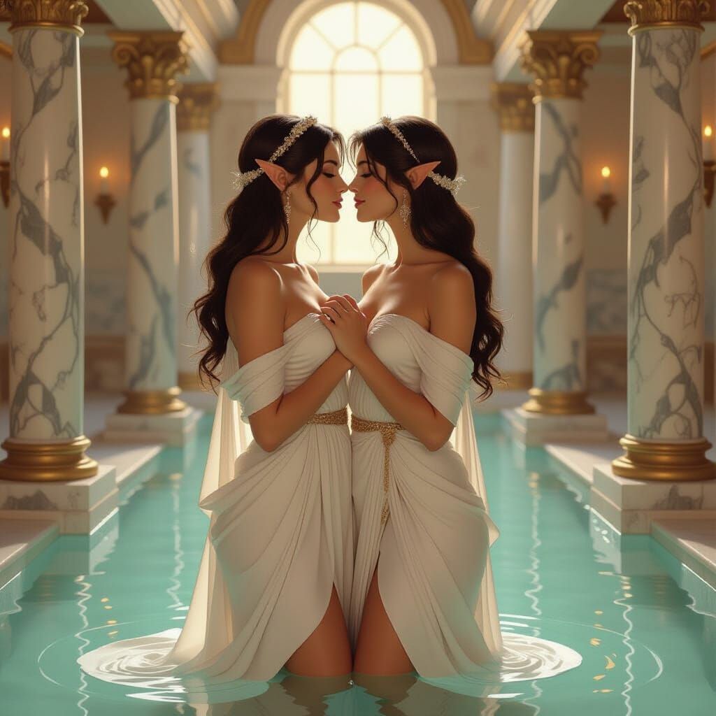 Elf Women Kissing in Roman Bath, Art Nouveau Style