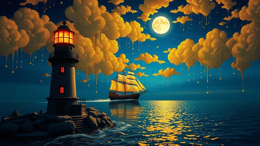 Lighthouse and Ship in Pointillism Style