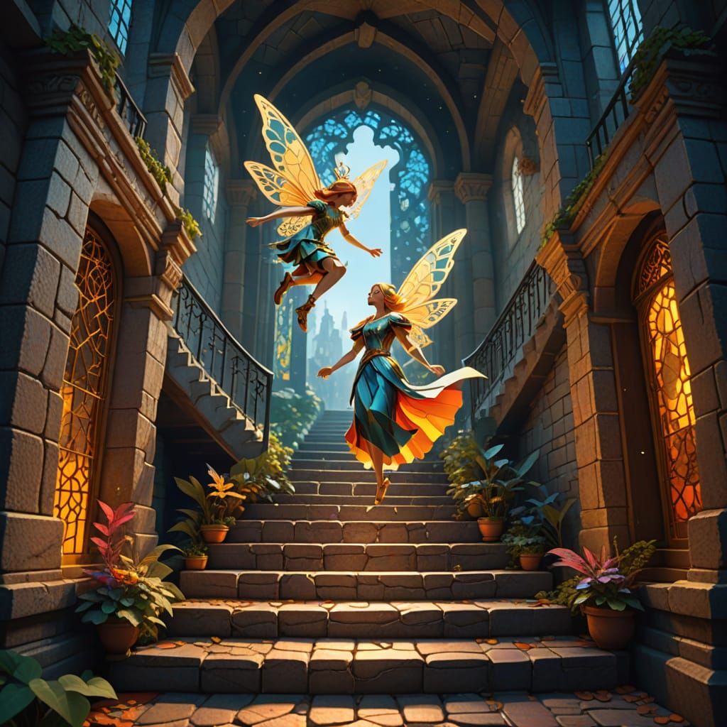 Colorful Fairy Ascends Stairs in Escher-Style Fantasy Art