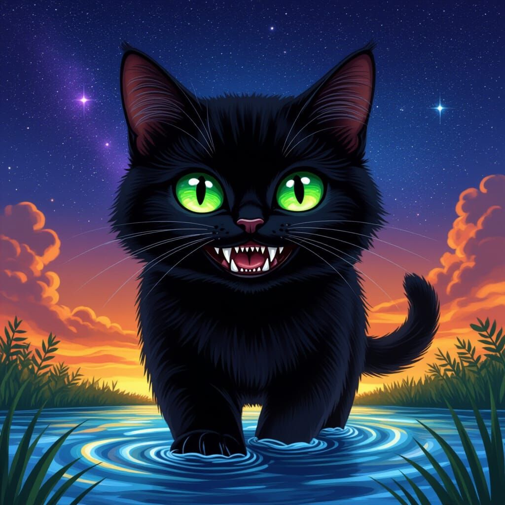 Giant Ebony Cat Walks Through Starry River