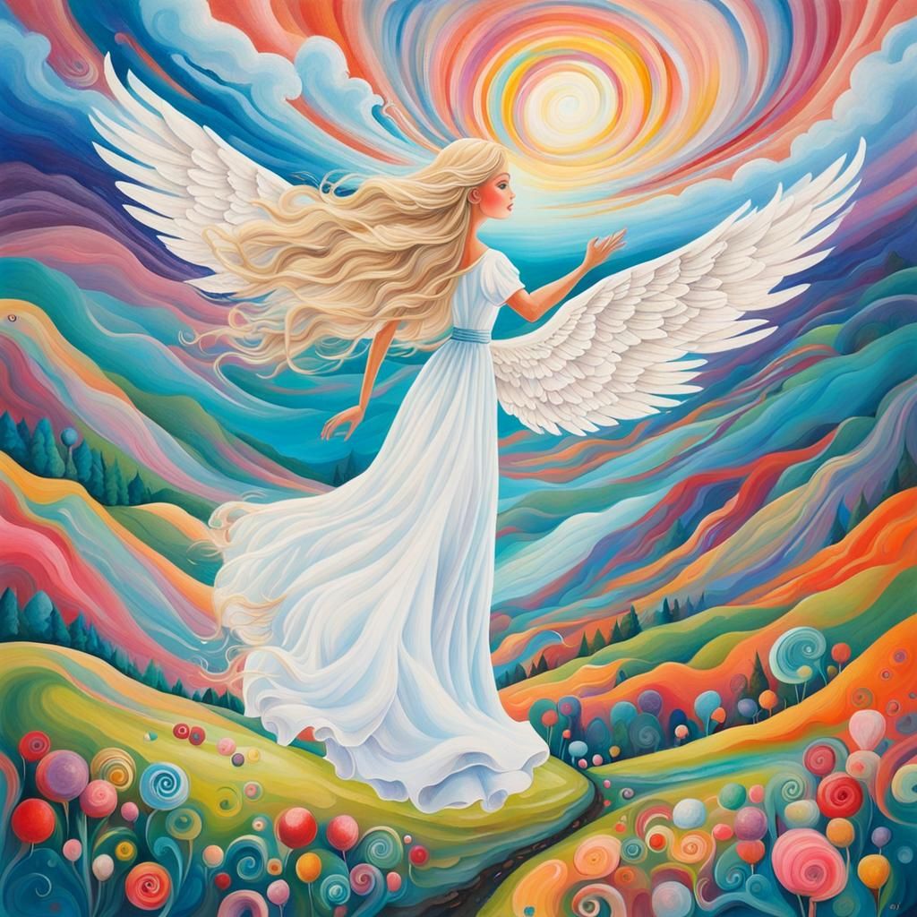 Blonde Angel in Flight Over Mountain Landscape
