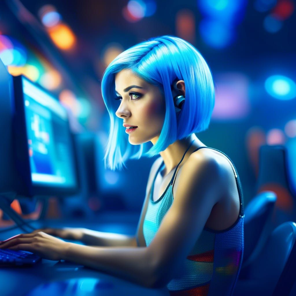 Beautiful Woman in Spaceship Room, Polychromatic Portrait