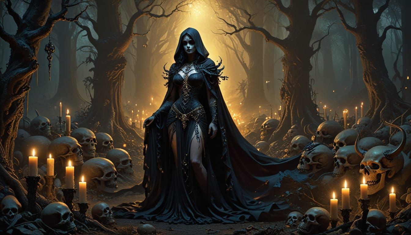 Ethereal Goddess of Death in Mystical Baroque Splendor